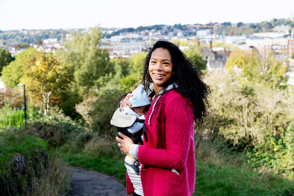 Zoe walking with her baby in Victoria Park.